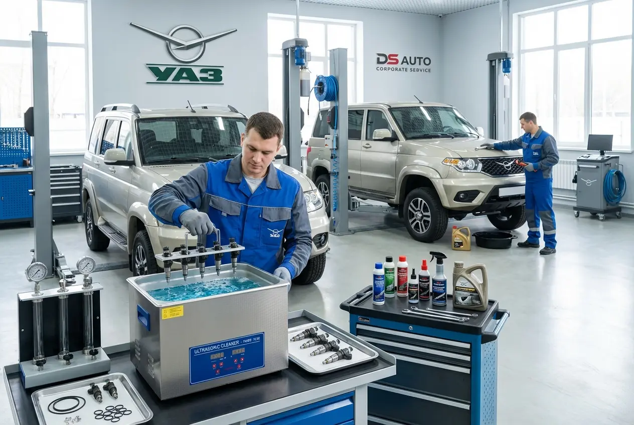 Топливные форсунки УАЗ на диагностическом стенде в автосервисе DS Auto в Жуковском — проверка и ультразвуковая чистка для бензиновых двигателей UAZ
