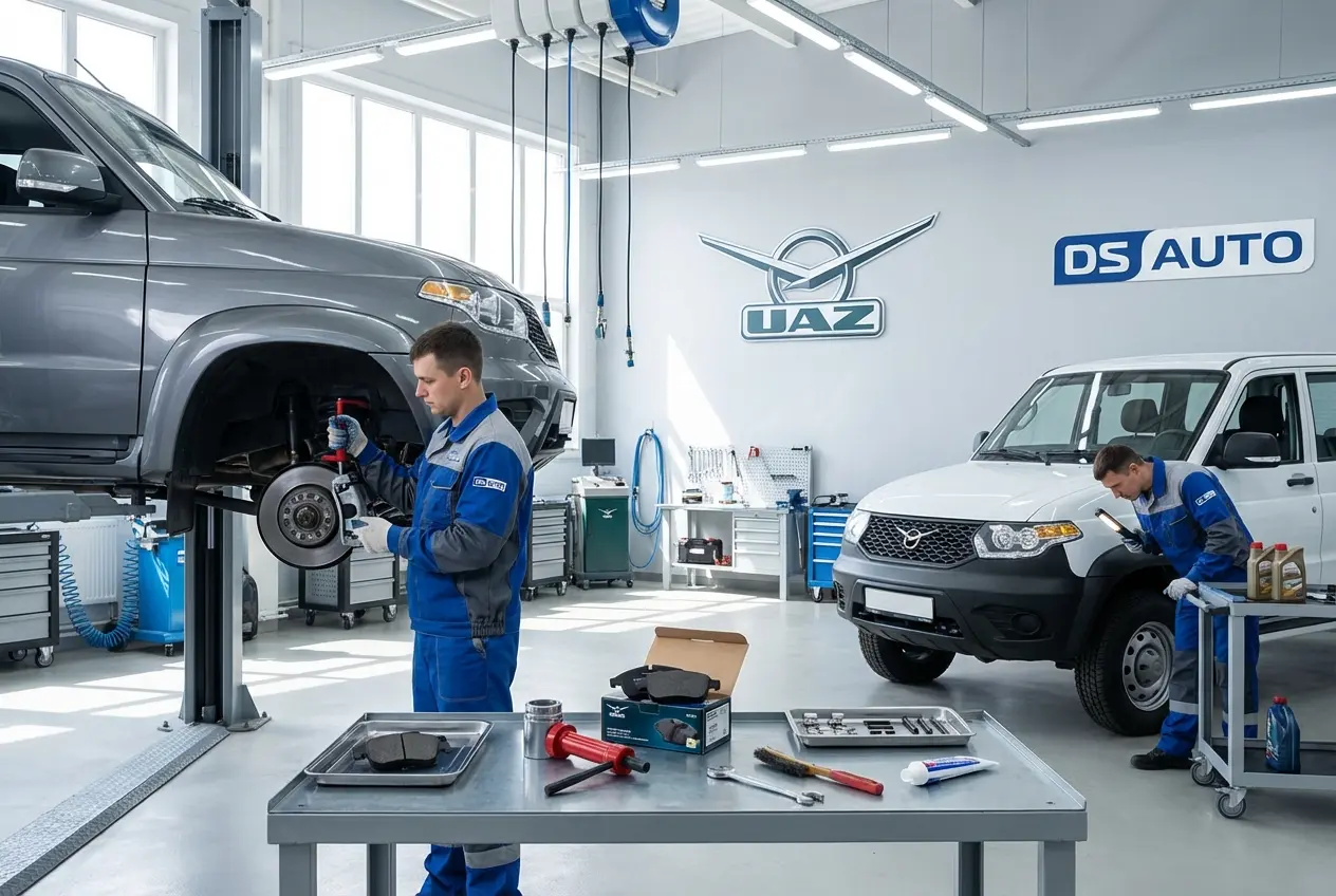 Процесс замены передних тормозных колодок UAZ в автосервисе DS Auto в Жуковском
